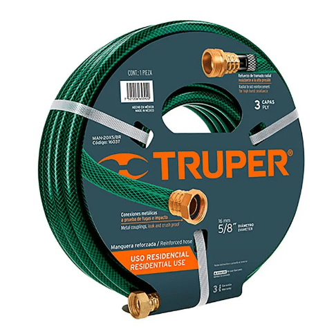 MANGUERA 5/8" REFORZADA 3 CAPAS 15 M CONEXIONES DE METAL